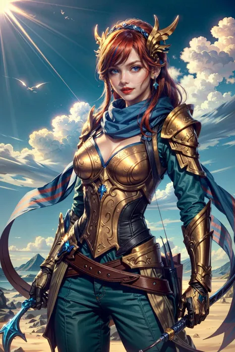(masterpiece, best quality:1.3)
<lora:epi_noiseoffset2:1> <lora:add_detail:0.7>  <lora:SmiteArtemis:0.8>
SmiteArtemis, 1girl, solo, long hair, breasts, looking at viewer, smile, blue eyes, hair ornament, gloves, holding, jewelry, weapon, red hair, earrings, outdoors, sky, pants, cloud, scarf, holding weapon, armor, shoulder armor, gauntlets, bow (weapon), breastplate, arrow (projectile), vambraces, red lips, blue scarf, holding bow (weapon), quiver