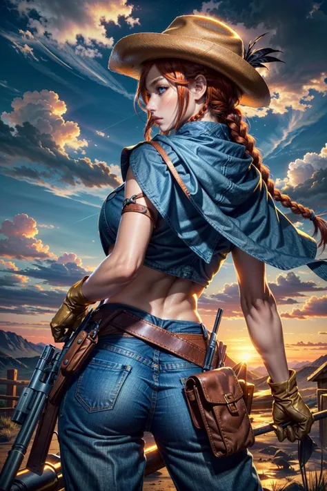 (masterpiece, best quality:1.3)
<lora:epi_noiseoffset2:1> <lora:add_detail:0.7> <lora:SmiteArtemis:0.8>
SmiteArtemis, 1girl, solo, long hair, breasts, looking at viewer, blue eyes, gloves, hat, holding, medium breasts, standing, weapon, ass, braid, red hair, cowboy shot, outdoors, sky, sleeveless, midriff, belt, looking back, pants, cloud, fingerless gloves, from behind, scarf, cape, holding weapon, crop top, gun, single braid, profile, capelet, glowing, back, cloudy sky, denim, holding gun, glowing eyes, brown gloves, handgun, dual wielding, sunset, pouch, braided ponytail, jeans, blue pants, holster, hat feather, glowing eye, cowboy hat