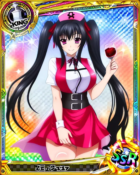 ssr_card, ssr_background, 1girl, solo, long_hair, breasts, looking_at_viewer, smile, large_breasts, black_hair, dress, ribbon, twintails, very_long_hair, purple_eyes, hair_ribbon, belt, pink_eyes, nurse_cap, king_(chess), long_dress