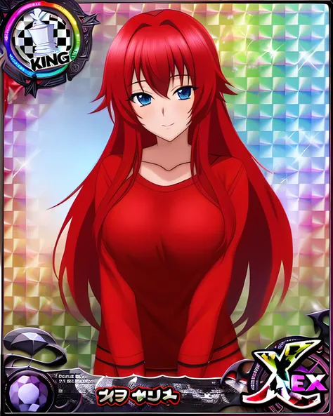 xrossex_card, holocard_background, 1girl, solo, looking_at_viewer, red_shirt, upper_body, red_hair, long_hair, blue_eyes, king_(chess)