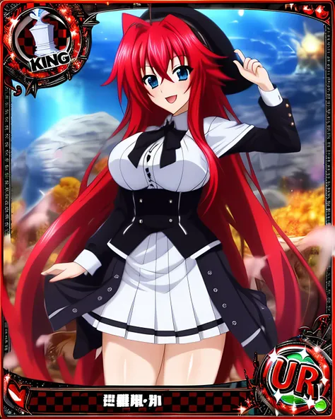 ur_card, 1girl, solo, long_hair, breasts, looking_at_viewer, blush, smile, open_mouth, blue_eyes, skirt, large_breasts, shirt, long_sleeves, hat, hair_between_eyes, very_long_hair, white_shirt, ahoge, :d, red_hair, tongue, black_skirt, character_name, white_headwear, pointing, fish, watch, wristwatch, huge_ahoge, king_(chess), aquarium