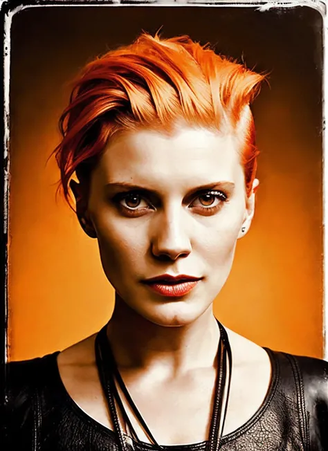 portrait of sks woman by Flora Borsi, style by Flora Borsi, bold, bright colours, orange Mohawk haircut, ((Flora Borsi)), <lora:locon_katee_v1_from_v1_64_32:1.4>