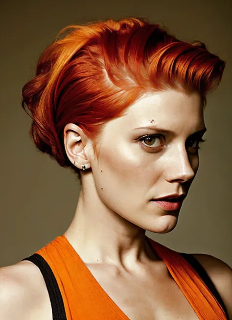 portrait of sks woman by Flora Borsi, style by Flora Borsi, bold, bright colours, orange Mohawk haircut, ((Flora Borsi)), <lora:locon_katee_v1_from_v1_64_32:1.4>