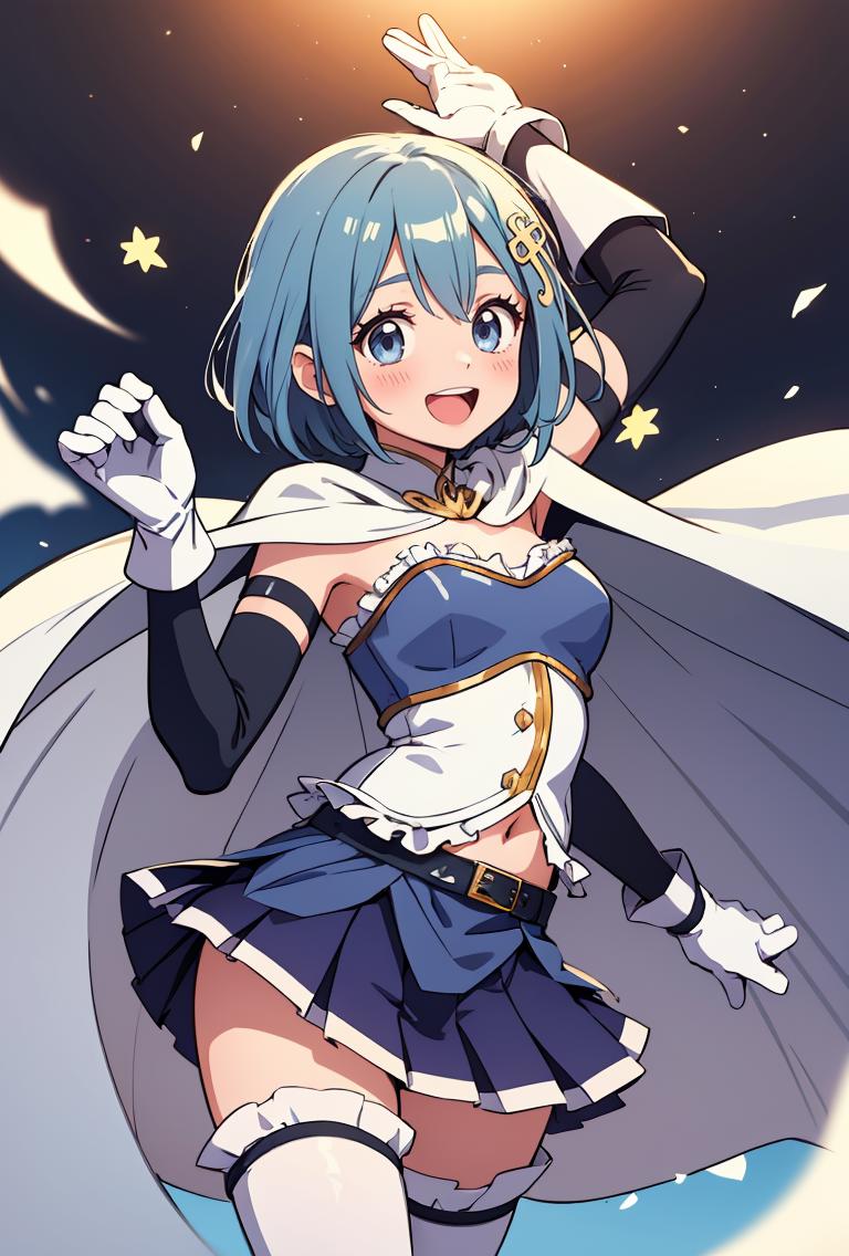 A woman in a blue dress and white cape is standing in the snow - SeaArt AI
