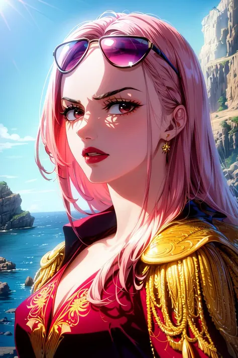 ultra realistic 8k cg, ((ultra detailed background, delicate pattern, intricate detail, highly detailed, fine details)), best quality, (photorealistic:1.4),beautiful lighting, absurdres, RAW photo, film grain, Hina, 1girl, solo, long hair, pink hair, black gloves, lipstick, makeup, ((slim girl, medium breasts)), epaulettes, (cigarette in mouth, sunglasses on head, dark-red suit, formal suit), pants, coat, (complex detailed background, blue sky, nature environment), ((complex detailed background, barren land, rocks, ocean, nature environment)), ((close-up, portrait)), <lora:DetailTweaker:0.5>, <lora:BeautifulDetailedEyes:0.6>, <lora:Hina:0.7>, <lora:GoodHands-vanilla:0.6>