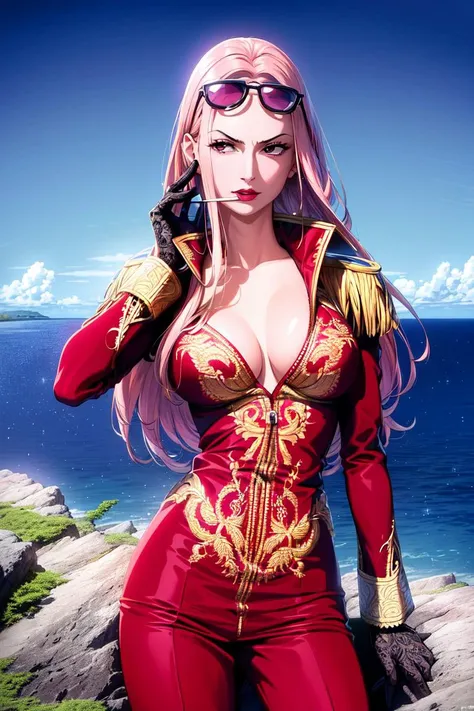 ultra realistic 8k cg, ((ultra detailed background, delicate pattern, intricate detail, highly detailed, fine details)), best quality, (photorealistic:1.4),beautiful lighting, absurdres, RAW photo, film grain, Hina, 1girl, solo, long hair, pink hair, black gloves, lipstick, makeup, ((slim girl, medium breasts)), epaulettes, (cigarette in mouth, sunglasses on head, dark-red suit, formal suit), pants, coat, (complex detailed background, blue sky, nature environment), ((complex detailed background, barren land, rocks, ocean, nature environment)), ((close-up, portrait)), <lora:DetailTweaker:0.5>, <lora:BeautifulDetailedEyes:0.6>, <lora:Hina:0.7>, <lora:GoodHands-vanilla:0.6>