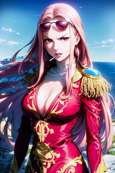 ultra realistic 8k cg, ((ultra detailed background, delicate pattern, intricate detail, highly detailed, fine details)), best quality, (photorealistic:1.4),beautiful lighting, absurdres, RAW photo, film grain, Hina, 1girl, solo, long hair, pink hair, black gloves, lipstick, makeup, ((slim girl, medium breasts)), epaulettes, (cigarette in mouth, sunglasses on head, dark-red suit, formal suit), pants, coat, (complex detailed background, blue sky, nature environment), ((complex detailed background, barren land, rocks, ocean, nature environment)), ((close-up, portrait)), <lora:DetailTweaker:0.5>, <lora:BeautifulDetailedEyes:0.6>, <lora:Hina:0.7>, <lora:GoodHands-vanilla:0.6>
