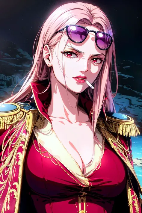 ultra realistic 8k cg, ((ultra detailed background, delicate pattern, intricate detail, highly detailed, fine details)), best quality, (photorealistic:1.4),beautiful lighting, absurdres, RAW photo, film grain, Hina, 1girl, solo, long hair, pink hair, black gloves, lipstick, makeup, ((slim girl, medium breasts)), epaulettes, (cigarette in mouth, sunglasses on head, dark-red suit, formal suit), pants, coat, (complex detailed background, blue sky, nature environment), ((complex detailed background, barren land, rocks, ocean, nature environment)), ((close-up, portrait)), <lora:DetailTweaker:0.5>, <lora:BeautifulDetailedEyes:0.6>, <lora:Hina:0.7>, <lora:GoodHands-vanilla:0.6>