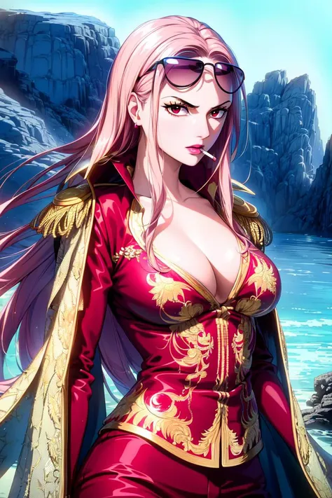 ultra realistic 8k cg, ((ultra detailed background, delicate pattern, intricate detail, highly detailed, fine details)), best quality, (photorealistic:1.4),beautiful lighting, absurdres, RAW photo, film grain, Hina, 1girl, solo, long hair, pink hair, black gloves, lipstick, makeup, ((slim girl, medium breasts)), epaulettes, (cigarette in mouth, sunglasses on head, dark-red suit, formal suit), pants, coat, (complex detailed background, blue sky, nature environment), ((complex detailed background, barren land, rocks, ocean, nature environment)), ((close-up, portrait)), <lora:DetailTweaker:0.5>, <lora:BeautifulDetailedEyes:0.6>, <lora:Hina:0.7>, <lora:GoodHands-vanilla:0.6>