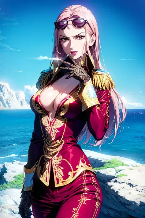 ultra realistic 8k cg, (((ultra detailed background, delicate pattern, intricate detail, highly detailed, fine details))), best quality, (photorealistic:1.4),beautiful lighting, absurdres, RAW photo, film grain, (((medium breasts, slim girl))), Hina, 1girl, solo, long hair, dark-red suit, pink hair, black gloves, lipstick, makeup, ((slim girl, medium breasts)), epaulettes, (cigarette in mouth, sunglasses on head), pants, coat, suit, (complex detailed background, blue sky, nature environment), ((complex detailed background, barren land, rocks, ocean, nature environment)), ((close-up, portrait)), <lora:DetailTweaker:0.5>, <lora:BeautifulDetailedEyes:0.6>, <lora:Hina:0.7>, <lora:GoodHands-vanilla:0.6>