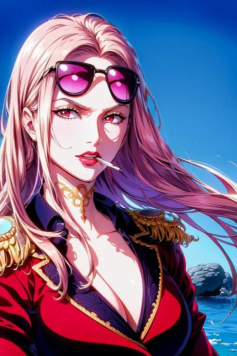 ultra realistic 8k cg, ((ultra detailed background, delicate pattern, intricate detail, highly detailed, fine details)), best quality, (photorealistic:1.4),beautiful lighting, absurdres, RAW photo, film grain, Hina, 1girl, solo, long hair, pink hair, black gloves, lipstick, makeup, ((slim girl, medium breasts)), epaulettes, (cigarette in mouth, sunglasses on head, dark-red suit, formal suit), pants, coat, (complex detailed background, blue sky, nature environment), ((complex detailed background, barren land, rocks, ocean, nature environment)), ((close-up, portrait)),  <lora:DetailTweaker:0.5>,   <lora:BeautifulDetailedEyes:0.6>,  <lora:Hina:0.7>,  <lora:GoodHands-vanilla:0.6>