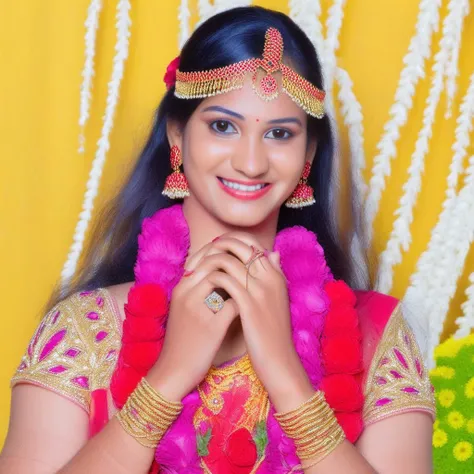jewelry, 1girl,indian_brunette,age_27, fair skin,beautiful,solo, black_hair, long_hair, bracelet, ring, earrings, realistic, flower, looking_at_viewer, brown_eyes, gem, necklace, short_sleeves, lips, makeup, red_flower, dress, gold, smile, fair-skinned_female