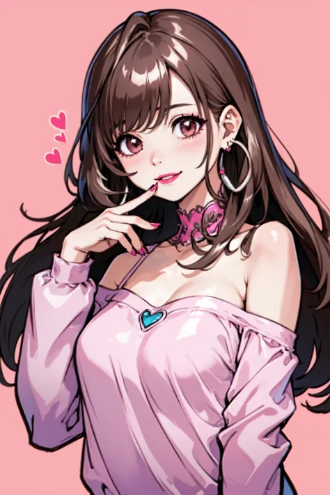 <lora:tsukioka kogane:1>, tsukioka kogane, 1girl, solo, brown hair, earrings, jewelry, heart earrings, heart, long hair, looking at viewer, pink background, brown eyes, simple background, blush, finger to mouth, smile, long sleeves, makeup, bangs, pink nails, upper body, nail polish, shirt, lipstick, off shoulder