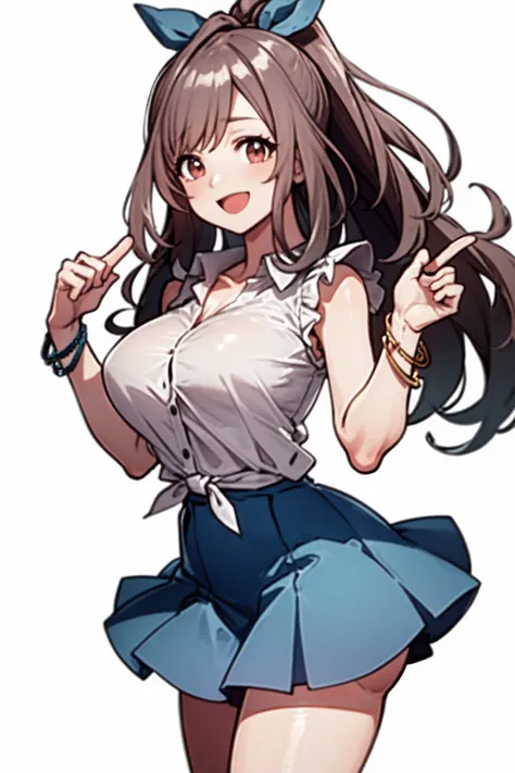 <lora:tsukioka kogane:1>, tsukioka kogane, 1girl, skirt, breasts, brown hair, solo, large breasts, long hair, smile, blue skirt, shirt, open mouth, blush, looking at viewer, bracelet, see-through, white background, jewelry, simple background, bra visible through clothes, bangs, tied shirt, brown eyes, ponytail, bow, hair bow, underwear, blue bow, collarbone, thighs, white shirt, bra, :d, sleeveless