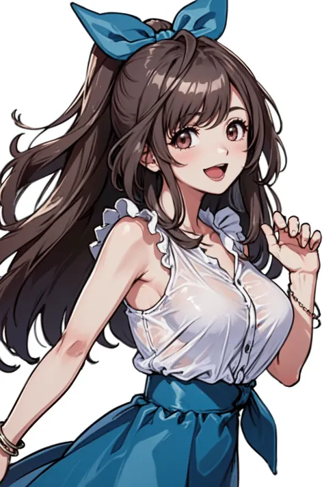 <lora:tsukioka kogane:1>, tsukioka kogane, 1girl, skirt, breasts, brown hair, solo, large breasts, long hair, smile, blue skirt, shirt, open mouth, blush, looking at viewer, bracelet, see-through, white background, jewelry, simple background, bra visible through clothes, bangs, tied shirt, brown eyes, ponytail, bow, hair bow, underwear, blue bow, collarbone, thighs, white shirt, bra, :d, sleeveless