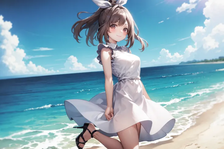 <lora:tsukioka kogane:1>, tsukioka kogane, 1girl, solo, brown hair, dress, outdoors, brown eyes, beach, white dress, sky, day, ocean, cloud, looking at viewer, smile, blush, long hair, blue sky, ponytail, breasts, shoes, white footwear, ribbon, holding, arms behind back, hair ribbon, bangs, short sleeves, water, standing, closed mouth, sleeveless, shoes removed, horizon, medium breasts, holding shoes, high heels, sandals, purple ribbon