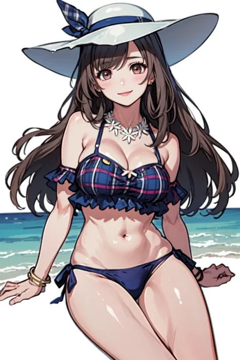 <lora:tsukioka kogane:1>, tsukioka kogane,1girl, breasts, swimsuit, solo, hat, bikini, cleavage, brown hair, smile, large breasts, long hair, flower necklace, jewelry, looking at viewer, necklace, sitting, white background, flower, brown eyes, simple background, sun hat, bangs, bracelet, plaid bikini, thighs, swept bangs, blush, bow, ribbon, side-tie bikini bottom, bare shoulders, closed mouth, blue ribbon, plaid, blue bikini, ocean,