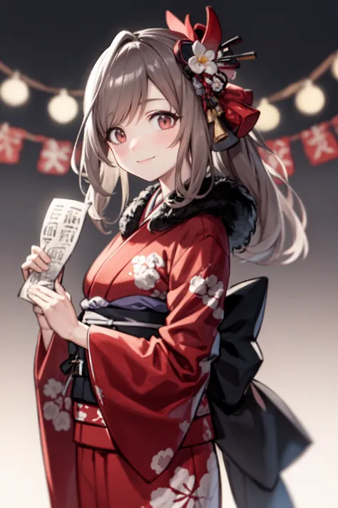 <lora:tsukioka kogane:1>, tsukioka kogane, 1girl, japanese clothes, kimono, solo, omikuji, brown hair, hair ornament, sash, closed mouth, obi, looking at viewer, flower, hair flower, smile, long hair, wide sleeves, floral print, holding, red kimono, bangs, ponytail, brown eyes, blush, new year, long sleeves, fur collar