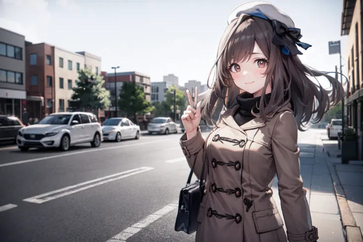 <lora:tsukioka kogane:1>, tsukioka kogane, 1girl, smile, outdoors, hat, brown hair, bag, looking at viewer, holding, long hair, blush, plaid, skirt, sweater, coat, beret, bow, turtleneck, solo, building, handbag, open coat, bangs, long sleeves, turtleneck sweater, motor vehicle, open clothes, hair bow, brown eyes, ground vehicle, white headwear, car, brown bow, day, closed mouth, brown coat, breasts, brown skirt, shoulder bag