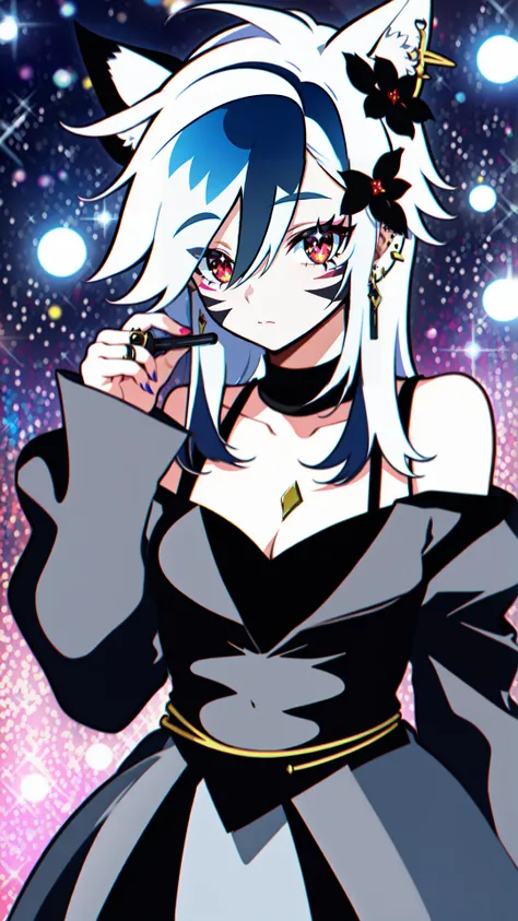 1 woman, voluptuous, cleavage, animal ear fluff, animal ears, bare shoulders, black dress, black flower, black ribbon, closed mouth, collarbone, dress, ear piercing, earrings, facial mark, flower, fox ears, hair between eyes, hair flower, hair ornament, hand up, jewelry, long hair, long sleeves, looking at viewer, makeup, off shoulder, off-shoulder dress, piercing, red eyes, ribbon, ring, rose, solo, upper body, white hair, feathered wings, magic, sparkles, bokeh, glitter, vantage point, 4 point perspective, inked lines, flat color, manga style