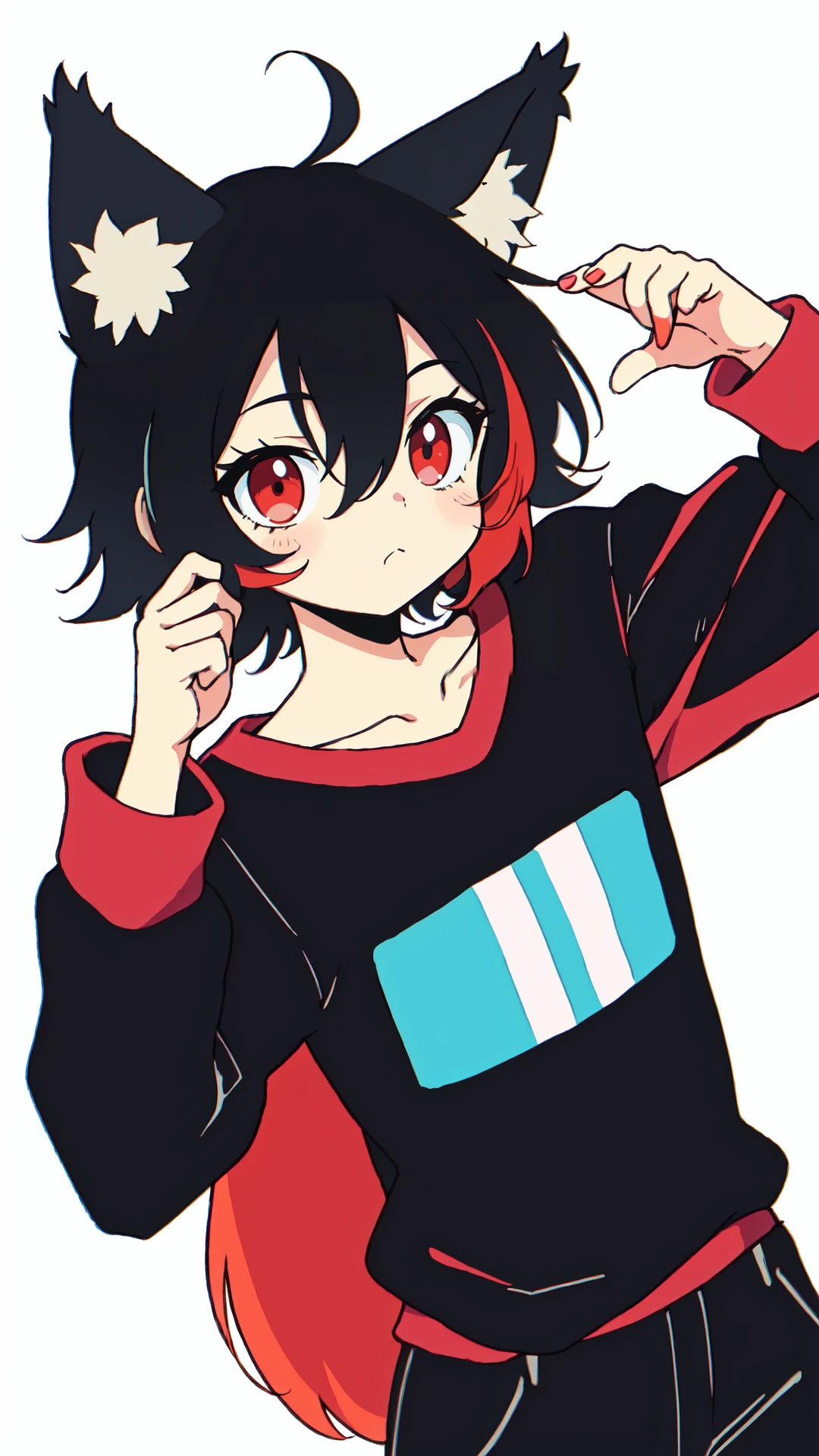 1 boy, genderless, solo, upper body, closed mouth, collarbone, animal ear fluff, animal ears, fox ears, hair between eyes, hand up, short hair, long sleeves, tshirt, black pants, red eyes, two tone hair, streaked hair, red hair, black hair, vantage point, 4 point perspective, flat color, manga style, CelShade