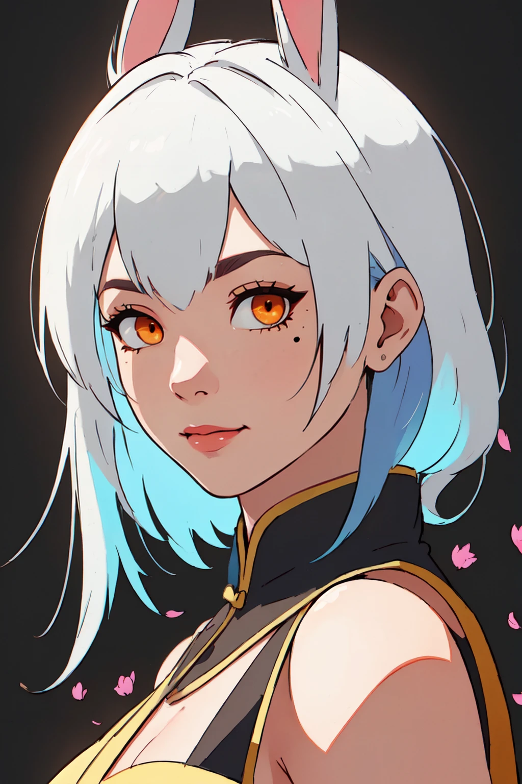 (masterpiece, best quality, ultra-detailed, highres, best illustration),perfect face, ((solo, solo focus)),sidelighting,, epic, illustration, render, volumetric lighting, welcoming, see-through gossamer, in Japan,lustrous skin,(bloom), (shine), ray tracing,masterpiece, best quality, 1boy, male focus, solo, blue hair, multicolored hair, rabbit ears, two-tone hair, mole, white hair, chinese clothes, upper body, brown eyes, orange eyes, hand on own chin, looking at viewer,depth_of_field,very detailed background,extreme light and shadow,(detailed eyes), (beautiful) beautiful detailed eyes, perfect lighting , perfect anatomy,(extremely detailed illustrated 8k wallpaper),(masterpiece), (best quality), (ultra-detailed), (best illustration),(best shadow), (fantasy:1.4) , vivid colors,