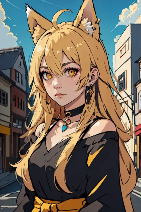 Enigma_Kitsune, 1girl, solo, long hair, looking at viewer, blonde hair, shirt, hair ornament, long sleeves, dress, bow, animal ears, hair between eyes, bare shoulders, jewelry, medium breasts, very long hair, closed mouth, collarbone, yellow eyes, upper body, ahoge, earrings, outdoors, sky, choker, day, necklace, off shoulder, black dress, blue sky, animal ear fluff, sash, black shirt, fox ears, black choker, expressionless, building, extra ears, street, <lora:Enigma_Kitsune-10:0.8>