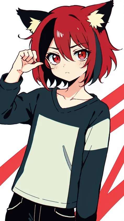 1 boy,  genderless,  solo,  upper body,  closed mouth,  collarbone,  animal ear fluff,  animal ears,  fox ears,  hair between eyes,  hand up,  short hair,  long sleeves,  tshirt,  black pants,  red eyes,  two tone hair,  streaked hair,  red hair,  black hair,  vantage point,  4 point perspective,  flat color,  manga style,  CelShade