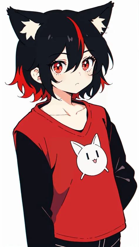 1 boy,  genderless,  solo,  upper body,  closed mouth,  collarbone,  animal ear fluff,  animal ears,  fox ears,  hair between eyes,  hand up,  short hair,  long sleeves,  tshirt,  black pants,  red eyes,  two tone hair,  streaked hair,  red hair,  black hair,  vantage point,  4 point perspective,  flat color,  manga style,  CelShade