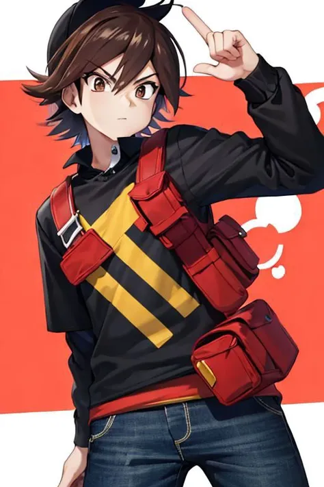 ((masterpiece, high quality, best quality)), absurdres, detailed face, high_detail, hilbert \(pokemon\), black jeans, blue jacket, black t-shirt, red baseball cap, brown hair, messy hair, bedhead, scruffy hair, brown eyes, young male, outside, daylight, colorful, anime style, <lora:Adventures:1>