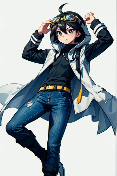 <lora:Adventures:1> black hair, blue theme,, absurdres, ultra detailed, masterpiece, best quality, aesthetic, detailed,, solo, smile, 1boy, green eyes, short hair, black hair, bangs, hair between eyes, messy hair, (goggles on head:1.2),, headband, white coat, hooded coat, hood down, open coat, turtleneck, capri pants, pants, black knee boots,
