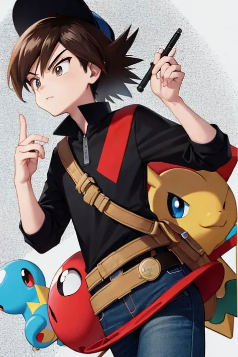 ((masterpiece, high quality, best quality)), absurdres, detailed face, high_detail,  hilbert \(pokemon\), black jeans, blue jacket, black t-shirt, red baseball cap, brown hair, messy hair, bedhead, scruffy hair, brown eyes, young male, outside, daylight, colorful, anime style, <lora:Adventures:1>