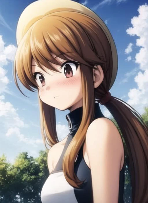<lora:Adventures:1> 1girl, solo, long hair, blush, blonde hair, hat, ponytail, headwear removed, hat removed, straw hat