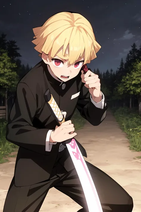 agatsuma zenitsu, demon slayer, 1boy, solo, male focus, holding katana, cowboy shot, weapon, holding weapon, fighting stance,  night, forest,  blonde hair, sky, scared, dark colors, horror, looking at viewer, long sleeves, outdoors, best quality, masterpiece, <lora:Zenitsu:0.6>