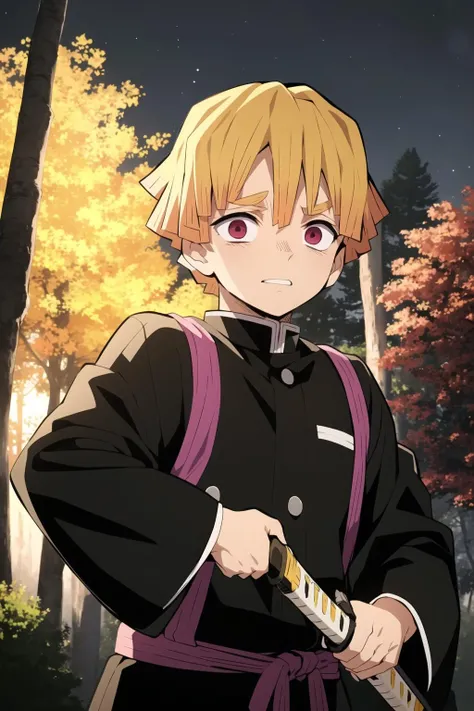 agatsuma zenitsu, demon slayer, 1boy, solo, male focus, (holding katana:1.2), upper body, weapon, holding weapon, fighting stance, night, forest, blonde hair, sky, scared, dark colors, horror, looking at viewer, long sleeves, outdoors, best quality, masterpiece, <lora:Zenitsu:0.7>