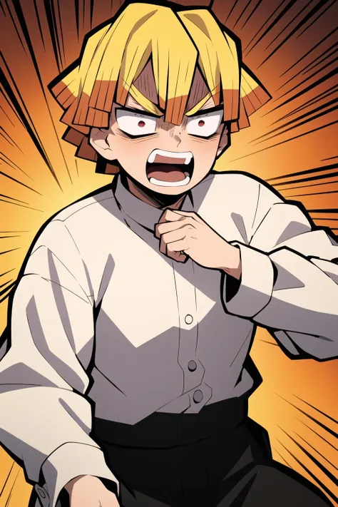 agatsuma zenitsu, demon slayer, 1boy,  anger vein, angry, red background, solo, shirt, long sleeves, white shirt, upper body, male focus, teeth, parody, clenched hand, short hair, open mouth, blonde hair,  best quality, masterpiece, <lora:Zenitsu:0.7>