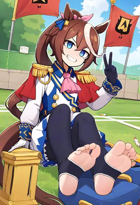 score_9, score_8_up, score_7_up, score_6_up, score_5_up, score_4_up, outdoors, grass BREAK
<lora:softhanten_style_ponyxl_v1_resized:1.3> softhantenstyle, 1girl, solo, shobufuku, stirrup stockings, toeless legwear, smile, peace sign, long hair, looking at viewer, bangs, blue eyes, skirt, brown hair, gloves, long sleeves, ribbon, animal ears, hair between eyes, very long hair, sitting, jacket, tail, hair ribbon, ponytail, white hair, :d, multicolored hair, pleated skirt, boots, black gloves, white gloves, miniskirt, cape, two-tone hair, streaked hair, ascot, buttons, white jacket, white skirt, horse ears, high ponytail, horse girl, multicolored clothes, horse tail, pink ribbon, epaulettes, red cape, blue gloves, asymmetrical gloves, mismatched gloves, two-tone skirt, pink ascot, single epaulette, soles, feet, foot focus, toes
<lora:tokai_teio-ponyXL:1>