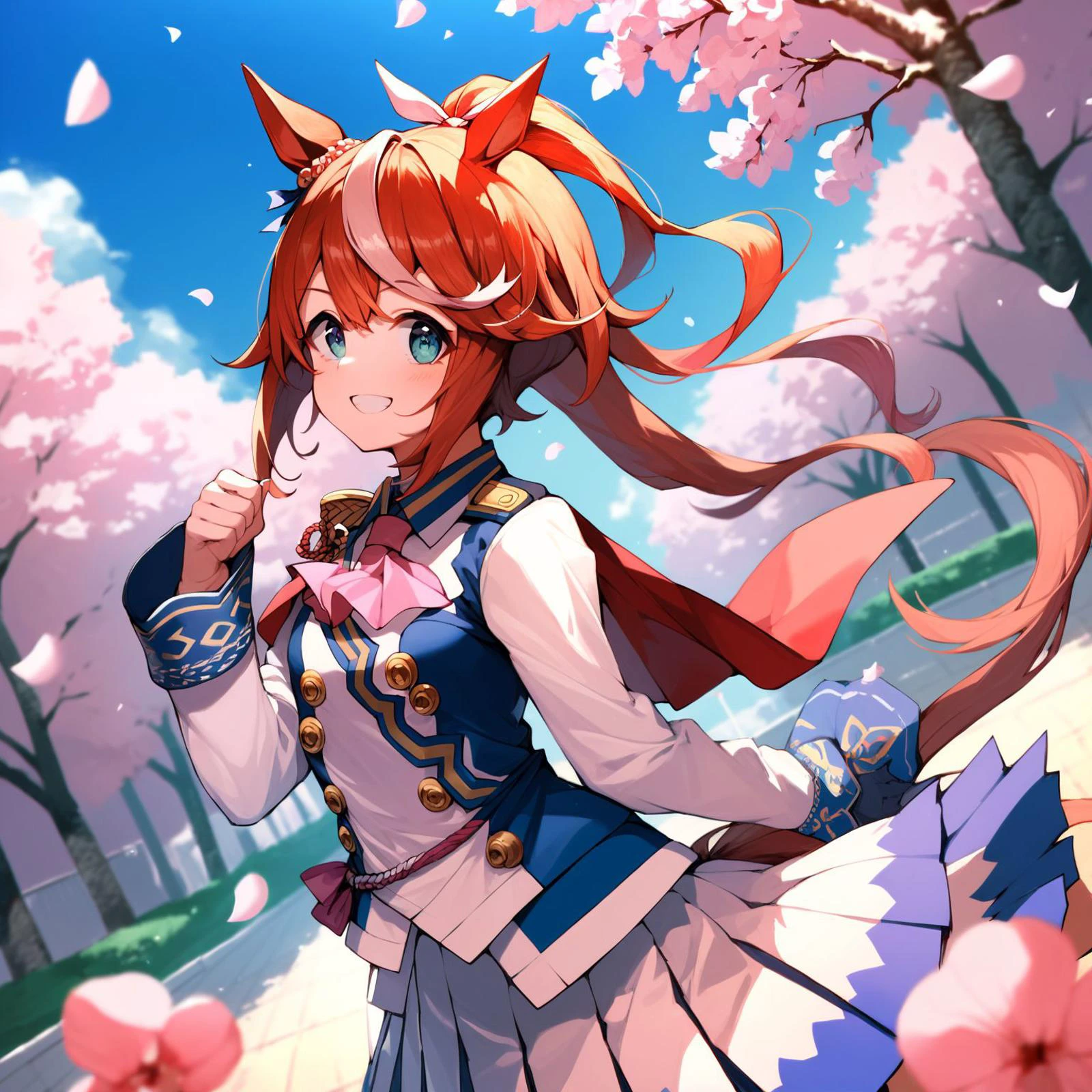 score_9, score_8_up, score_7_up, score_6_up, 1girl, source_anime, Tokai Teio, umamusume, shobufuku, (the idolmaster:0.8), (blue archive, genshin impact:0.4), (official art:0.5), detailed, (hair ribbon, pink ribbon, single epaulette, pink ascot, red capelet, long sleeves, asymmetrical gloves, mismatched gloves, white glove, blue glove, multicolored clothes, two-tone jacket, white jacket, blue jacket, shirt, buttons, double-breasted, white skirt, pleated skirt, two-tone skirt, miniskirt:0.5), sakura, cherry blossom, flower, smile, <lora:tokai_teio-ponyXL:1> <lyco:xl_more_art-full_v1:0.7>