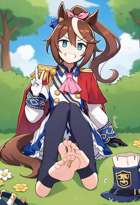 score_9, score_8_up, score_7_up, score_6_up, score_5_up, score_4_up, outdoors, grass BREAK
<lora:softhanten_style_ponyxl_v1_resized:1.3> softhantenstyle, 1girl, solo, shobufuku, stirrup stockings, toeless legwear, smile, peace sign, long hair, looking at viewer, bangs, blue eyes, skirt, brown hair, gloves, long sleeves, ribbon, animal ears, hair between eyes, very long hair, sitting, jacket, tail, hair ribbon, ponytail, white hair, :d, multicolored hair, pleated skirt, boots, black gloves, white gloves, miniskirt, cape, two-tone hair, streaked hair, ascot, buttons, white jacket, white skirt, horse ears, high ponytail, horse girl, multicolored clothes, horse tail, pink ribbon, epaulettes, red cape, blue gloves, asymmetrical gloves, mismatched gloves, two-tone skirt, pink ascot, single epaulette, soles, feet, foot focus, toes
<lora:tokai_teio-ponyXL:1>