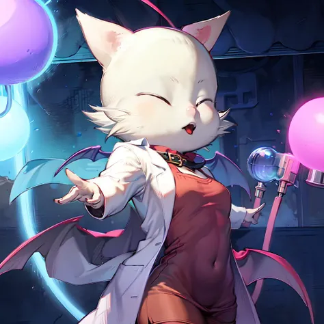 moogle professor, lab coat, laboratory, electricity, science, <lora:moogle_sV1:1>.