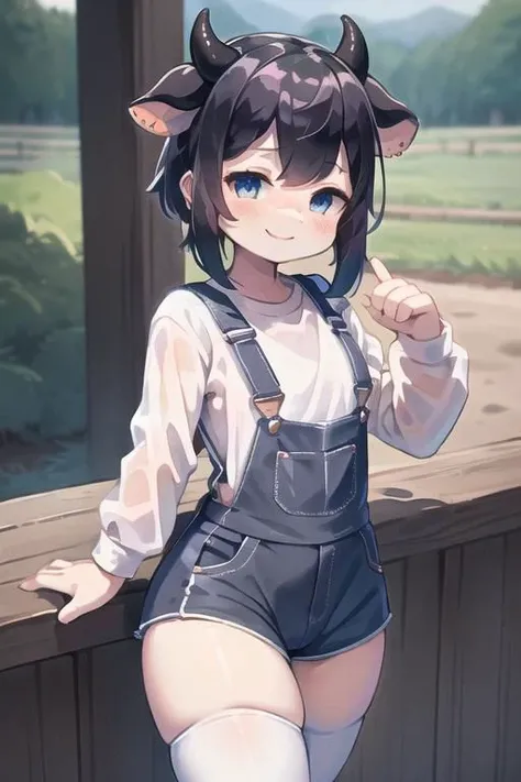 masterpiece, extremely detailed, volumetric light, 1girl, cow themed succubus wearing blue farm overalls over a white shirt, black and white hair, cow ears, cow tail, cow eyes, smile, sunny, in a farm, blushing, (beautiful detailed eyes)