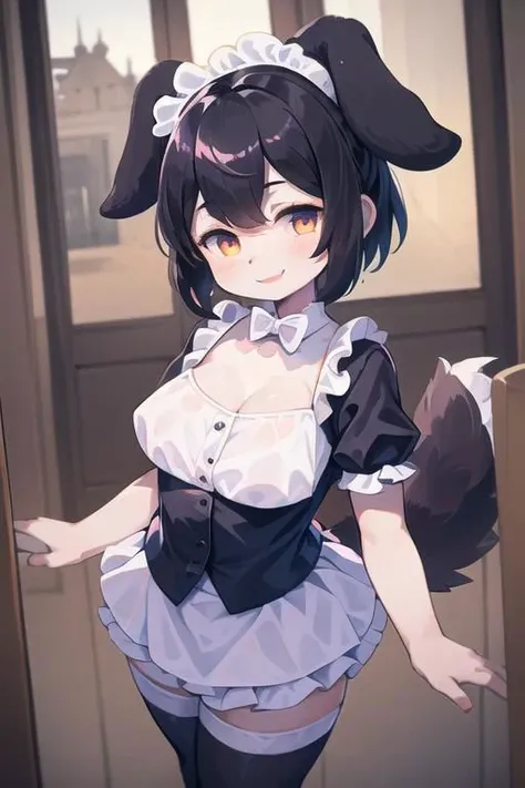 1girl, dog themed succubus, wearing black and white frilly maid outfit, black hair, dog ears, fluffy dog tail, dog eyes, dog nose, very dark tanned skin, smile, sunny, inside a mansion setting, blushing,