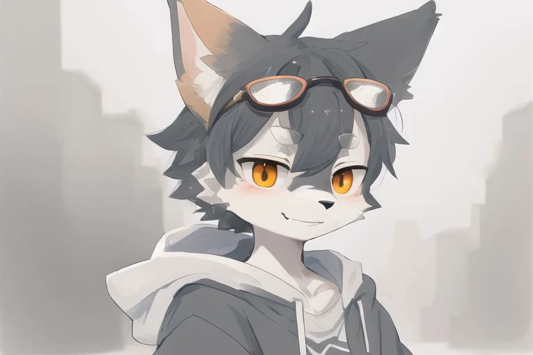 masterpiece, best quality, furry, kemono, art by dagasi, <lora:art_by_dagasi:0.6>, gray fox boy, gray fur,, (orange eye:1), sunglasses, gray hair, smirk, face focus, portrait, muscular, hoodie, highly detailed eyes, beer baltic9 <lora:EyesGen:0.4>