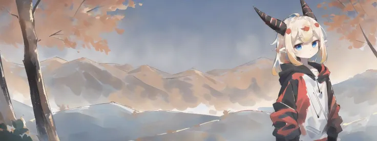masterpiece, best quality, landscape, 2others,
(red and black dragon horns, black tail, dark gold hair, short hair, gold eyes), (gold and white dragon horns, white tail, blonde hair, long hair, blue eyes),
chibi, pointy ears, flat chest, slit pupils, ahoge, light skin, hoodie, bottomless, looking at another,