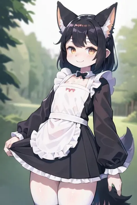 1girl, dog themed succubus, wearing black and white frilly maid outfit, black hair, dog ears, fluffy dog tail, dog eyes, dog nose, very dark tanned skin, smile, sunny, inside a mansion setting, blushing,