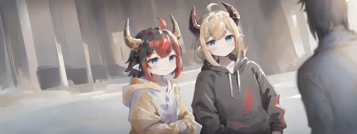 masterpiece, best quality, landscape, 2others,
(red and black dragon horns, black tail, dark gold hair, short hair, gold eyes), (gold and white dragon horns, white tail, blonde hair, long hair, blue eyes),
chibi, pointy ears, flat chest, slit pupils, ahoge, light skin, hoodie, bottomless, looking at another,