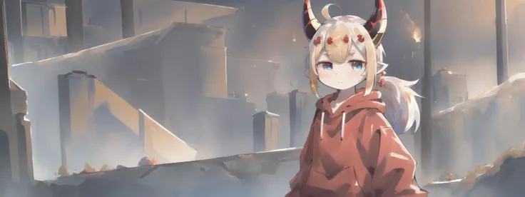 masterpiece, best quality, landscape, 2others,
(red and black dragon horns, black tail, dark gold hair, short hair, gold eyes), (gold and white dragon horns, white tail, blonde hair, long hair, blue eyes),
chibi, pointy ears, flat chest, slit pupils, ahoge, light skin, hoodie, bottomless, looking at another,