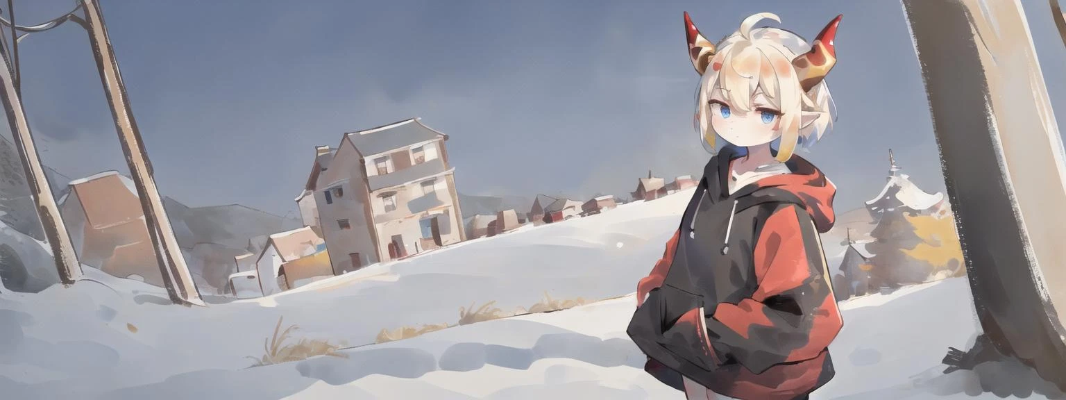 masterpiece, best quality, landscape, 2others,
(red and black dragon horns, black tail, dark gold hair, short hair, gold eyes), (gold and white dragon horns, white tail, blonde hair, long hair, blue eyes),
chibi, pointy ears, flat chest, slit pupils, ahoge, light skin, hoodie, bottomless, looking at another,
