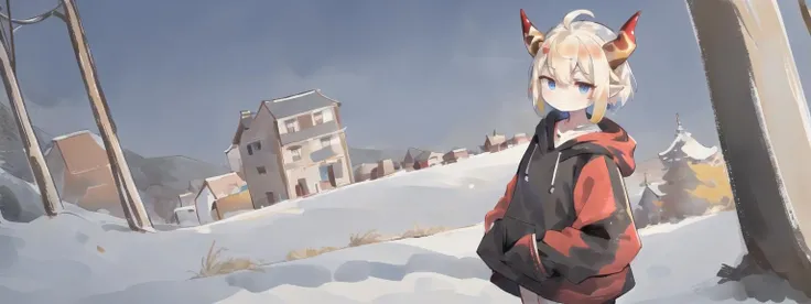 masterpiece, best quality, landscape, 2others,
(red and black dragon horns, black tail, dark gold hair, short hair, gold eyes), (gold and white dragon horns, white tail, blonde hair, long hair, blue eyes),
chibi, pointy ears, flat chest, slit pupils, ahoge, light skin, hoodie, bottomless, looking at another,