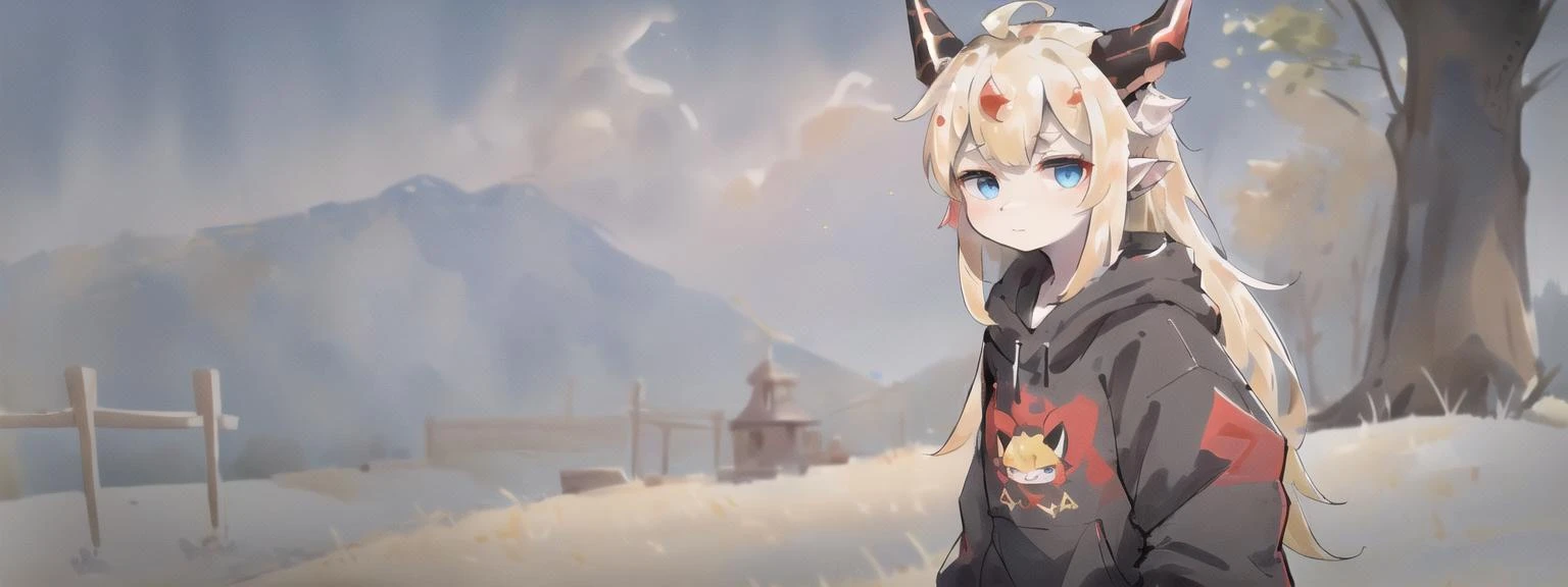masterpiece, best quality, landscape, 2others,
(red and black dragon horns, black tail, dark gold hair, short hair, gold eyes), (gold and white dragon horns, white tail, blonde hair, long hair, blue eyes),
chibi, pointy ears, flat chest, slit pupils, ahoge, light skin, hoodie, bottomless, looking at another,
